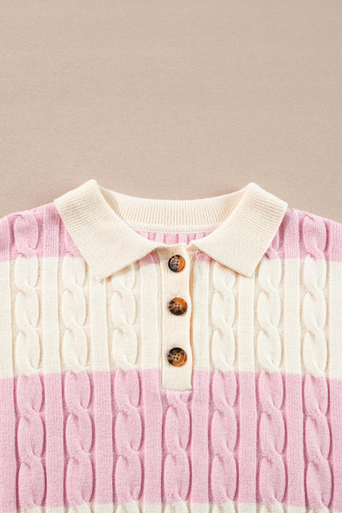 Pink Stripe Cable Knit Collared Henley Sweater