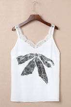 White Bow Knot Print Lace Splicing V Neck Tank Top