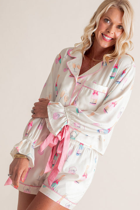 White Plus Size Wine Glass Print Bow Knot Pajama Set