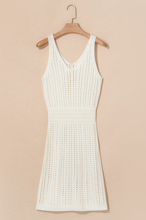 White Eyelet Crochet Sleeveless V Neck Beach Dress