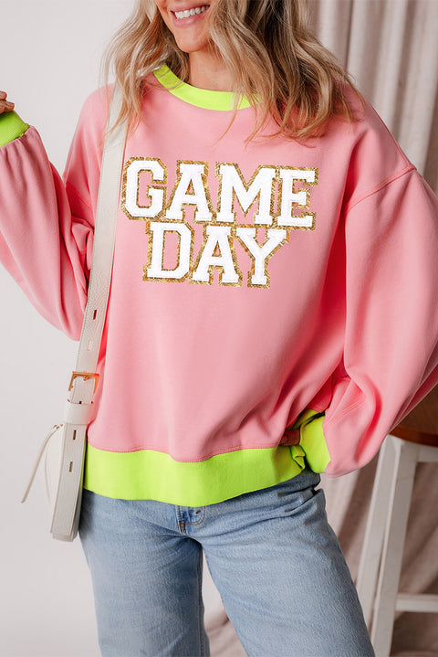 Pink GAME DAY Glitter Color Block Crew Neck Sweatshirt