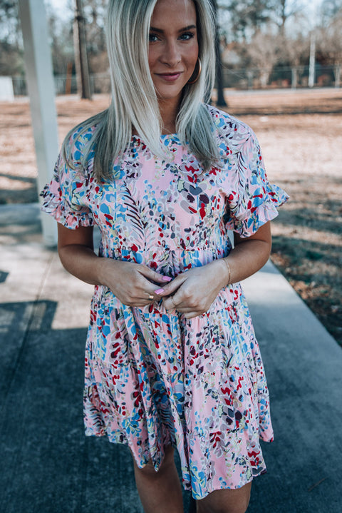 Short Sleeves Floral Print Tiered Ruffled Dress