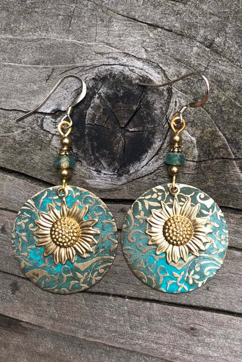 Real Teal Retro Sunflower Disc Alloy Dangle Earrings