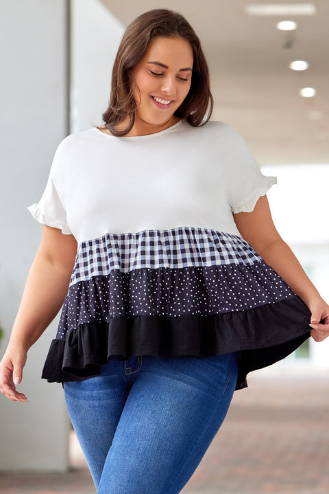 Plaid Dot Ruffled Plus Size Babydoll Top