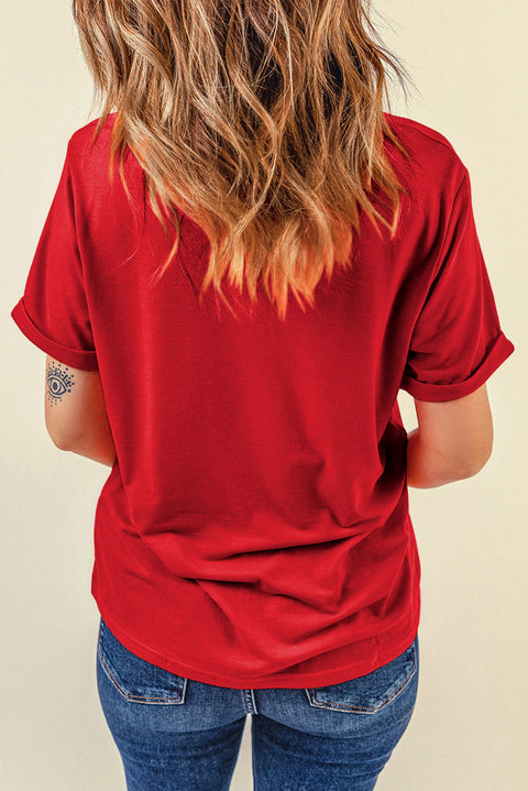 Red USA Flower Print Round Neck T Shirt