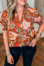 Brown Floral Stitched V Neck Frilled Trim Puff Short Sleeve Blouse