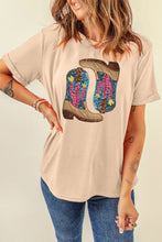 Khaki Sequined Western Boots Crew Neck Graphic Tee