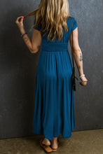 Peacock Blue Short Sleeve Shirred High Waist V Neck Maxi Dress