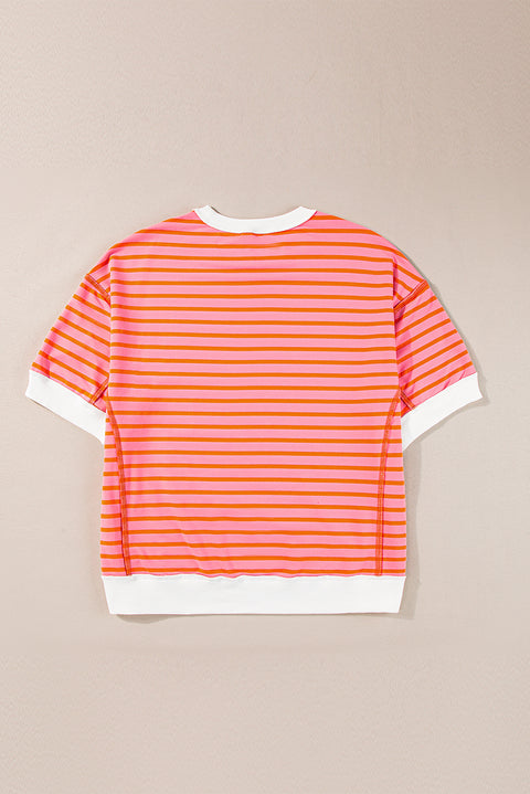 Multicolour Oversized Contrast Trim Exposed Seam High Low T Shirt