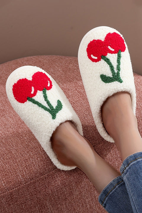 White Cute Fruit Cherry Pattern Winter Plush Slippers