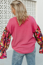 Bright Pink Floral Patchwork Flounce Sleeve Rib Knit Plus Top