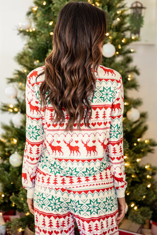 Conjunto de salón de pantalón y jersey con estampado navideño en blanco brillante