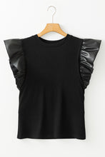 Black Leather Ruffle Sleeve Patchwork Round Neck Blouse