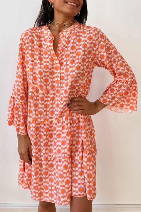 Orange Floral Print Flounce Sleeve Buttoned Front Mini Dress