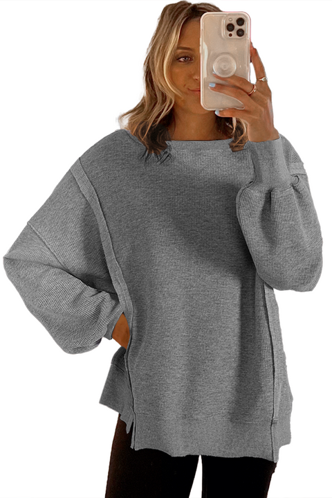 Gray Waffle knit Bishop Sleeve Split Oversized Top