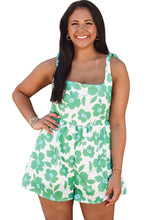 Green Flower Print Knotted Straps Square Neck Romper