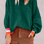 Blackish Green Colorblock Striped Trim Drop Shoulder Sweater