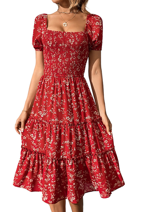 Red Boho Flower Smocked Square Neck Tiered Midi Floral Dress