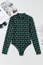 Green St Patrick Shamrock Printed Long Sleeve Mesh Bodysuit