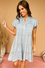 Light Grey Mineral Washed Ruffle Sleeve Tiered Chambray Dress