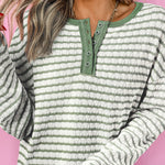 Green Stripe Textured Frilly Trim Buttons Henley Long Sleeve Top