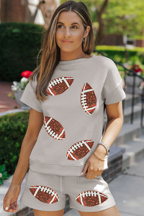 Gray Sequin Rugby Textured T Shirt Shorts Set