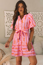 Pink Bowknot Striped Printed Bubble Sleeve Buttoned Belted Mini Dress