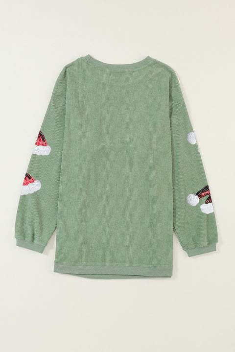 Grass Green Sequined Christmas Hat Graphic Winter Corded Sweatshirt