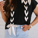 Black Cable Knit Colorblock Satin Bowknot Short Sleeve Sweater