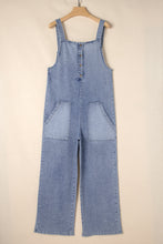 Stone Blue Washed Denim Half Buttons Patched Pocket Wide Leg Overalls