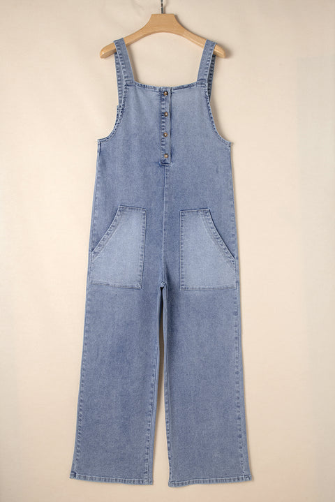 Stone Blue Washed Denim Half Buttons Patched Pocket Wide Leg Overalls