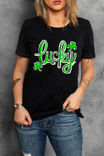 Black St. Patricks Lucky Clover Print O Neck T Shirt