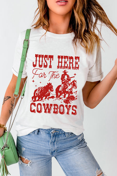 White JUST HERE For THE COWBOY Cuffed Sleeve Crew Neck T Shirt