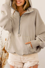 Beige Ribbed Trim Kangaroo Pocket Zipped Hoodie