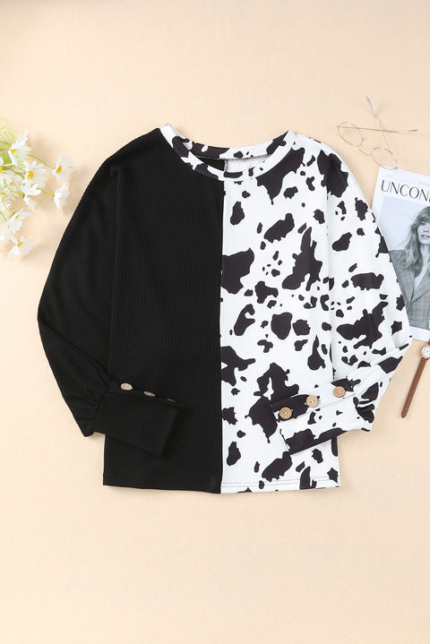 Cow Patchwork Waffle Knit Long Sleeve Top