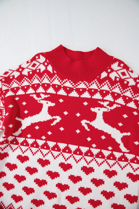 Fiery Red Merry Christmas Reindeer Heart Pattern High Neck Sweater