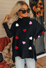 Black Valentines Chenille Heart Patched Dolman Sleeve High Neck Split Top