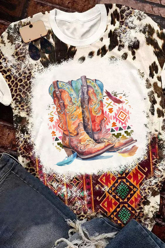 Dark Brown Cowboy Boots Graphic Bleached Leopard Aztec Print T Shirt