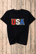 Black Glitter Trim Chenille USA Graphic T Shirt