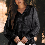 Black Metallic Frilled V Neck Puff Sleeve Babydoll Blouse