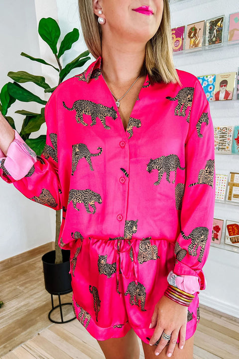 Strawberry Pink Cheetah Print Satin Shirt and Shorts Lounge Set