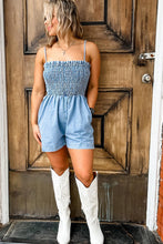 Beau Blue Spaghetti Strap Smocked Denim Romper