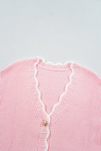 Pink Ribbed Knit Scalloped Edge Side Pockets Buttoned Cardigan