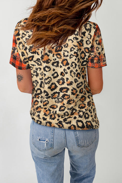 Leopard Mama Heart Shaped Plaid Print Crew Neck T Shirt