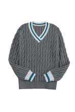 Medium Grey Color Contrast Ribbed Edge Cable Knit V Neck Sweater