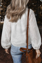 White Eyelet Embroidered V Neck Puff Sleeve Blouse