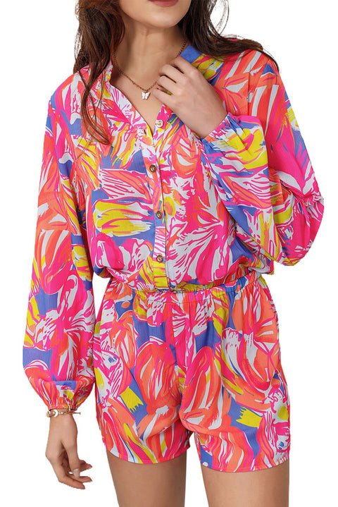 Multicolor Bold Graffiti Print Shirt Button Romper