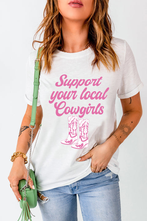 White Support Your Local Cowgirls Boots Print Crewneck Tee