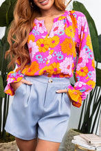 Rose Floral Print Flounce Sleeve Notched Neck Blouse