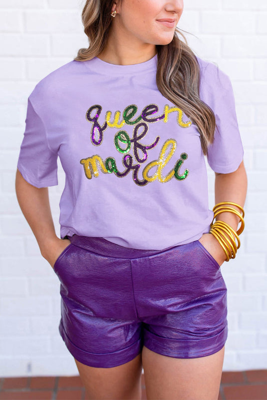 Wisteria queen of mardi Sequin Letter Graphic T Shirt